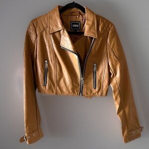 Foreign Exchange Camel Cropped Moto Jacket